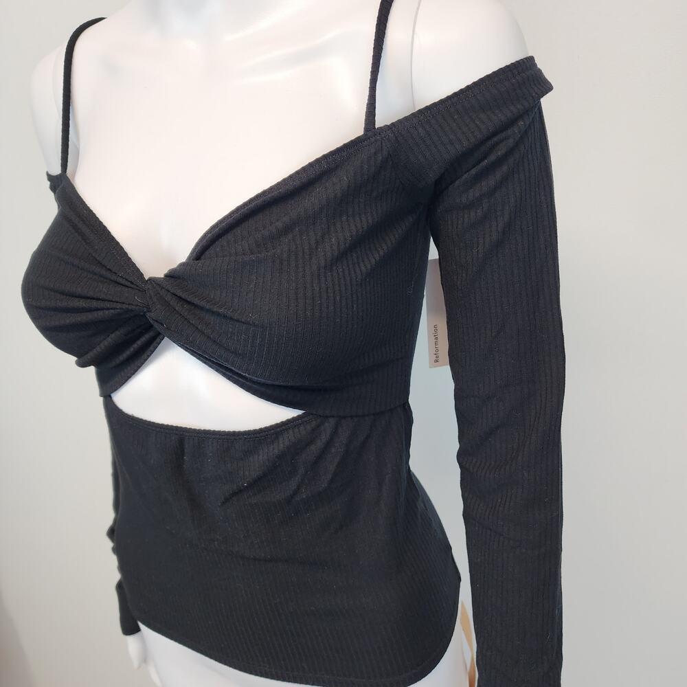 Reformation Womens Black Sweetheart Neck Top Size S Cutouts Long Sleeve Ribbed
